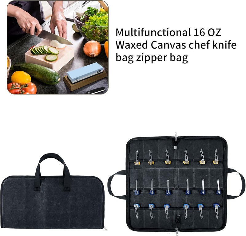 QEES Pocket Knife Roll Bag,Zipper Knife Display Case with 18 Slots,Waxed Canvas Folding knife Case,Pocket Knife Holder Storage Case for Collection,Knife Organizer for Tactical Camping EDC Mini Knife Roll - Image 4